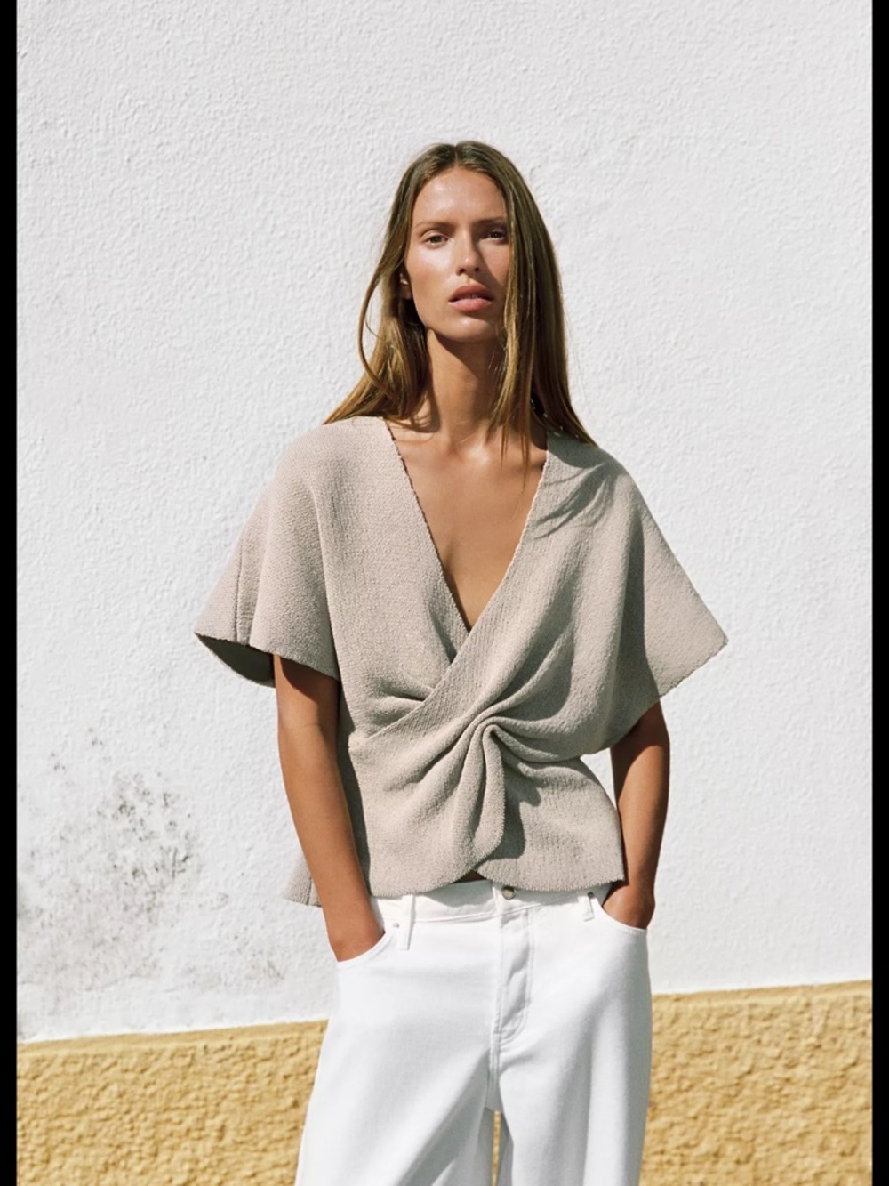 Zara Beige Twist-Front V-Neck Top